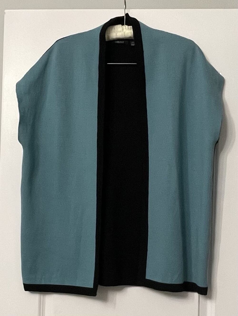 Carlisle 95% Wool Colorblock Open Front Cardigan Vest Sweater Teal Black Trim SM
